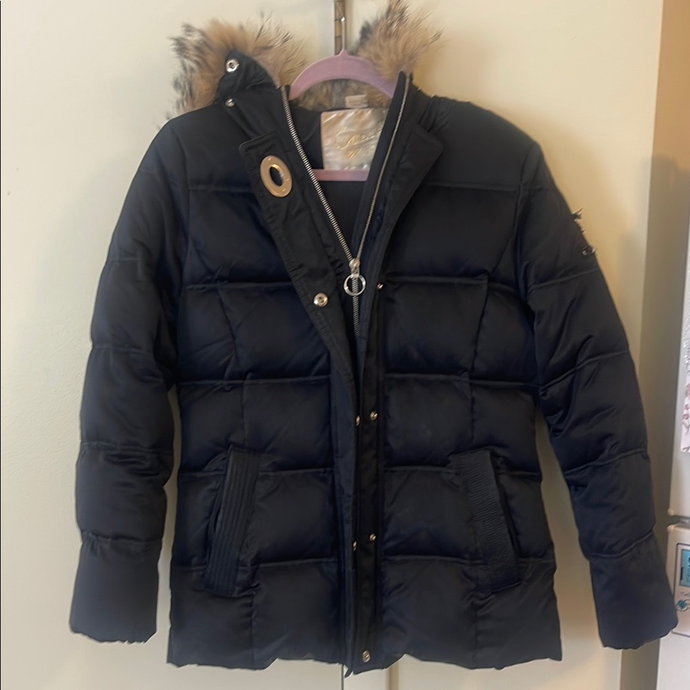 Coach Black Puffer Jacket with Faux Fur Hood